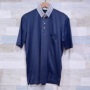 Bullock & Jones Contrast Striped Collar Polo Shirt Navy Blue Cotton Mens Medium